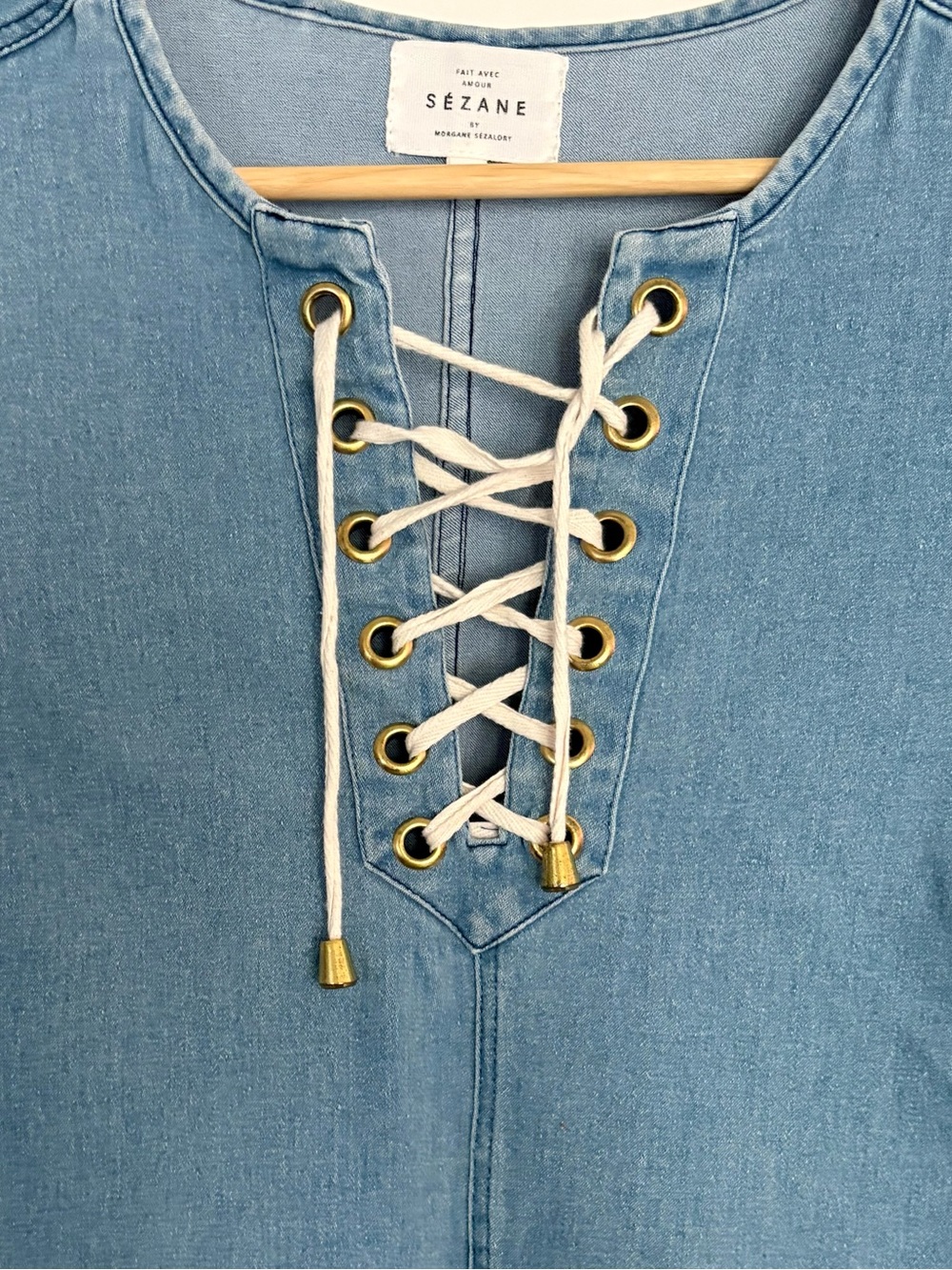 Sézane Giulia Denim Lace-Up Shift Dress Ecru EU 38 / US 6 - Picture 6 of 8